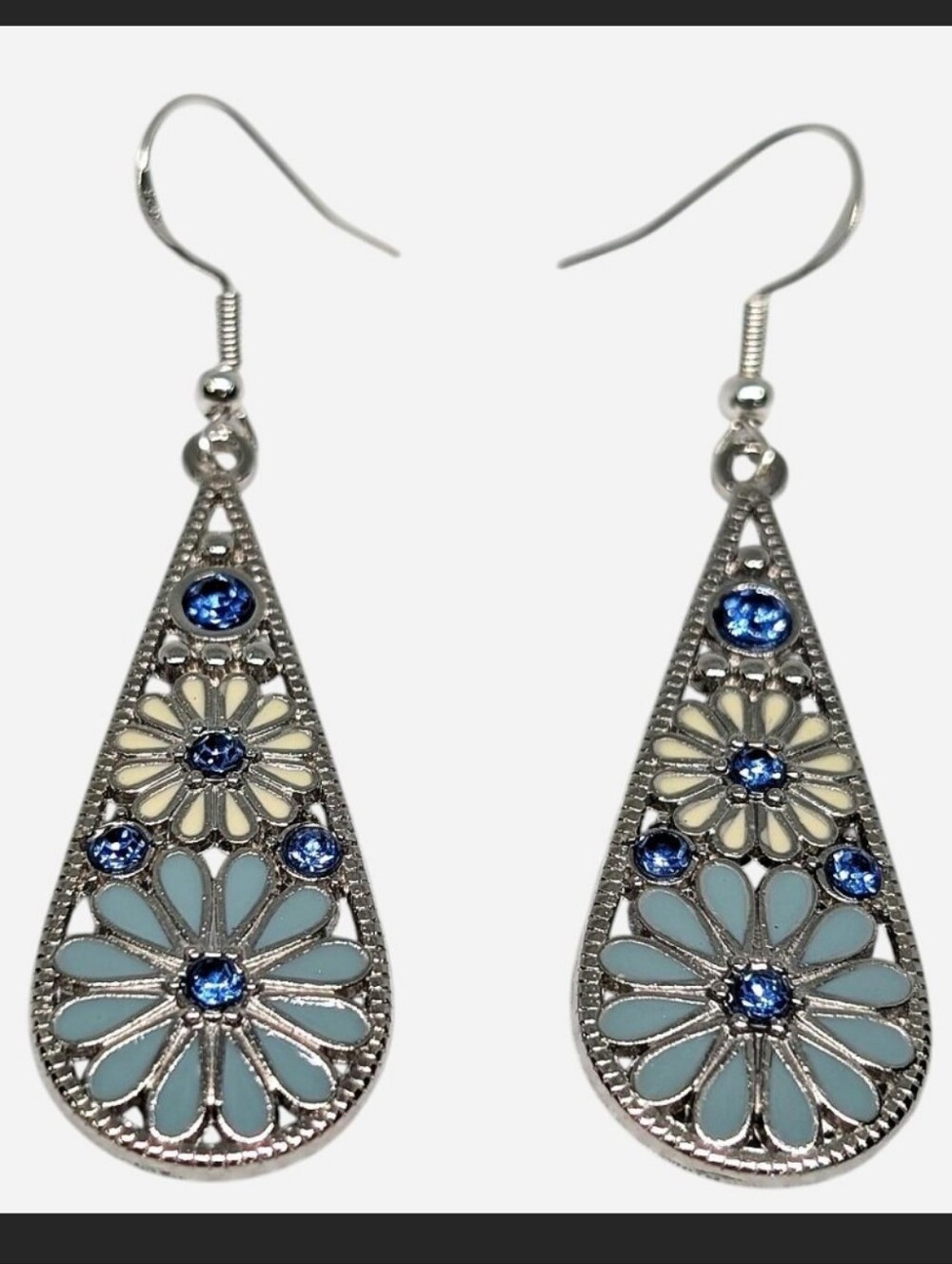 Silver Tone Teardrop Earrings with Blue and Cream Flowers
